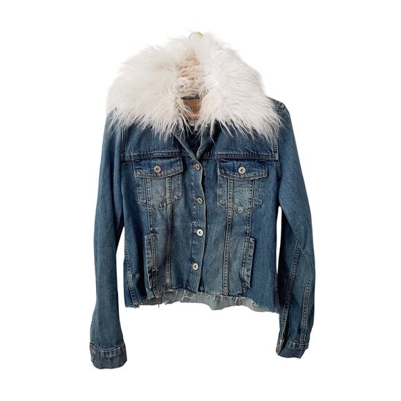 Paige Heidi Faux Fur Collar Cropped Denim Jacket Size Small - Picture 1 of 13